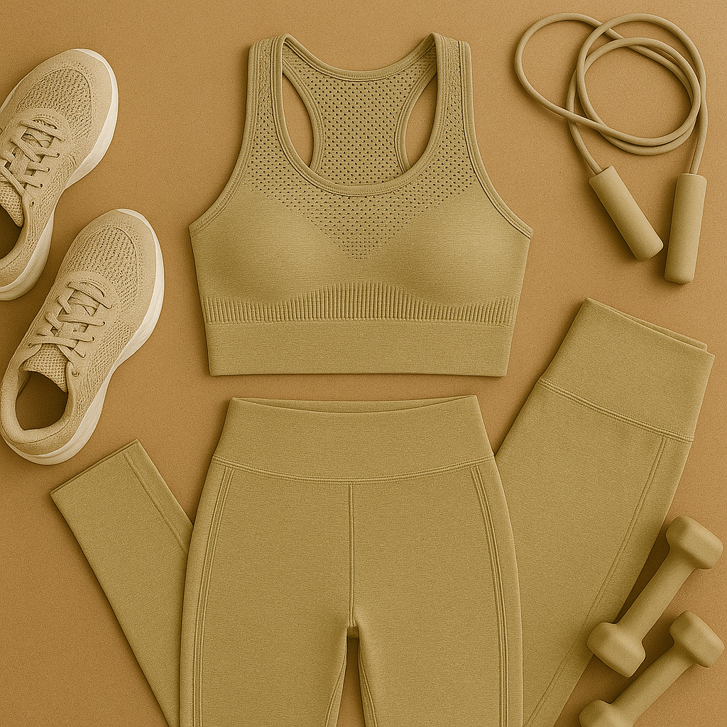 Olive green sports bra and leggings set with sneakers, jump rope, and dumbbells on a brown background