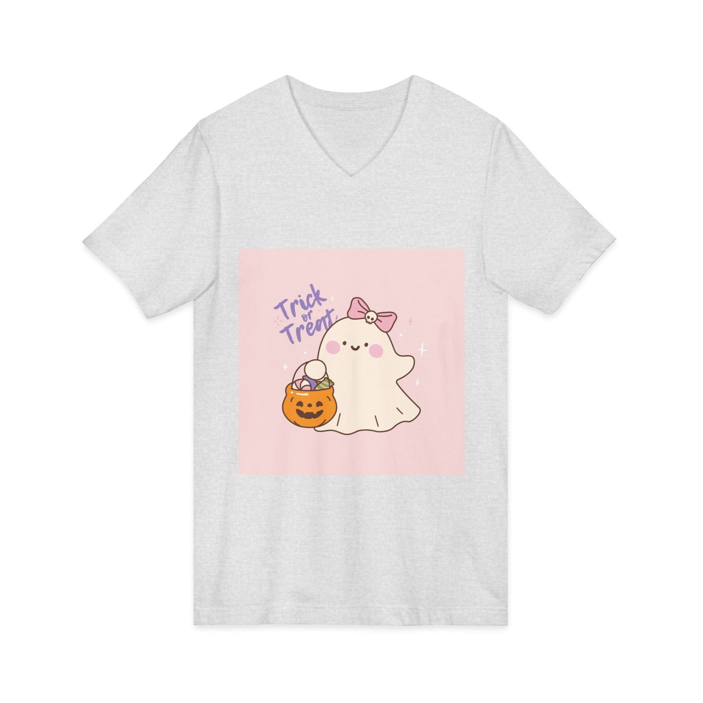 Cute Halloween Ghost V-Neck Tee, Trick or Treat Shirt, Unisex Halloween Apparel, Spooky Season Top, Fun Ghost T-Shirt