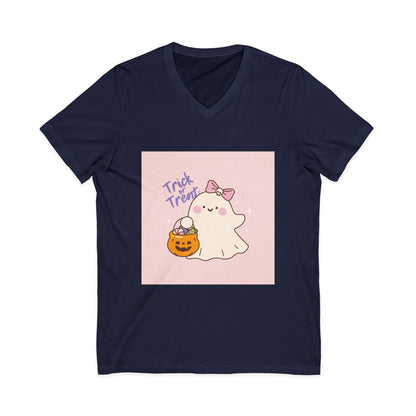 Cute Halloween Ghost V-Neck Tee, Trick or Treat Shirt, Unisex Halloween Apparel, Spooky Season Top, Fun Ghost T-Shirt