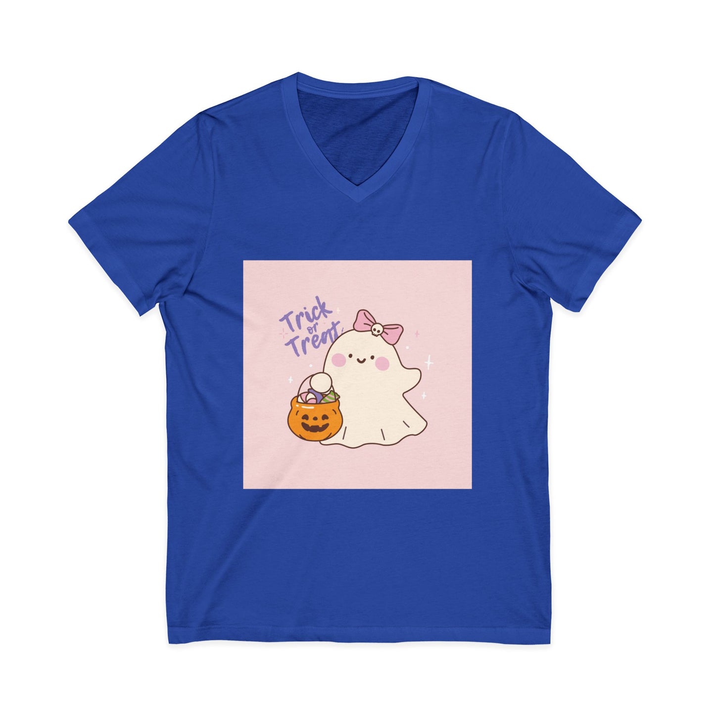 Cute Halloween Ghost V-Neck Tee, Trick or Treat Shirt, Unisex Halloween Apparel, Spooky Season Top, Fun Ghost T-Shirt