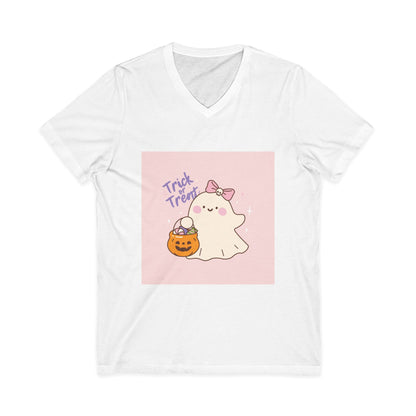 Cute Halloween Ghost V-Neck Tee, Trick or Treat Shirt, Unisex Halloween Apparel, Spooky Season Top, Fun Ghost T-Shirt