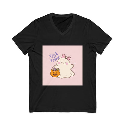 Cute Halloween Ghost V-Neck Tee, Trick or Treat Shirt, Unisex Halloween Apparel, Spooky Season Top, Fun Ghost T-Shirt