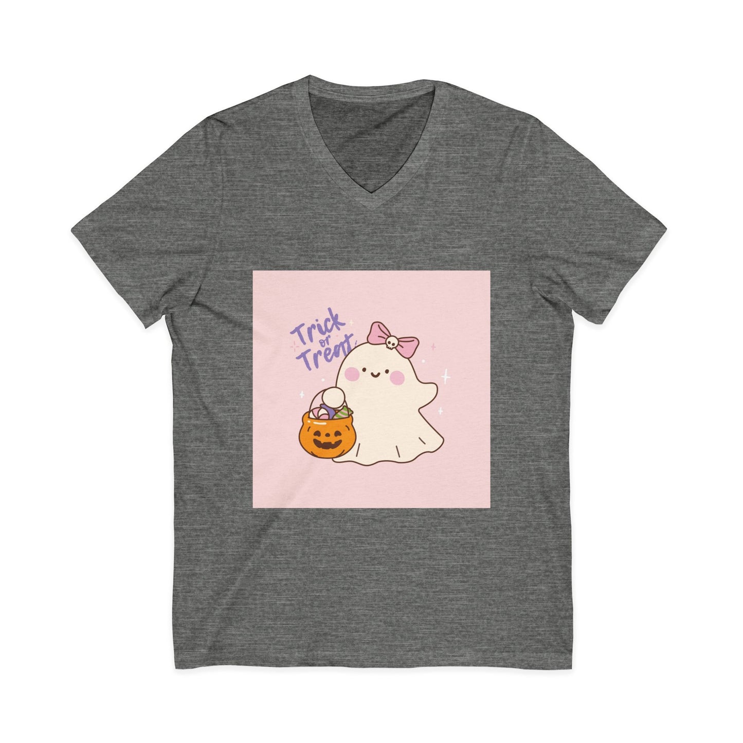 Cute Halloween Ghost V-Neck Tee, Trick or Treat Shirt, Unisex Halloween Apparel, Spooky Season Top, Fun Ghost T-Shirt