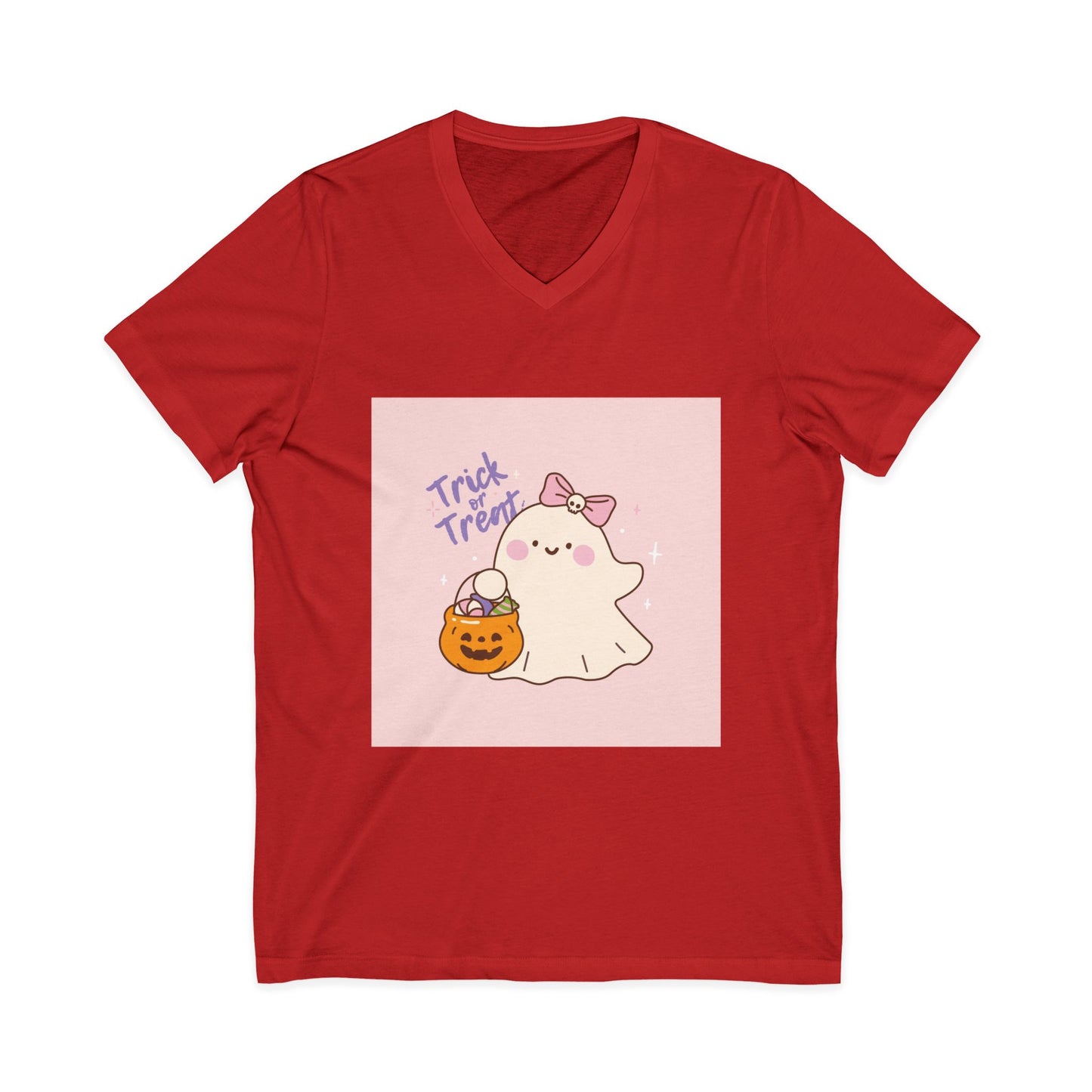 Cute Halloween Ghost V-Neck Tee, Trick or Treat Shirt, Unisex Halloween Apparel, Spooky Season Top, Fun Ghost T-Shirt