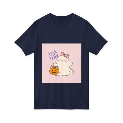 Cute Halloween Ghost V-Neck Tee, Trick or Treat Shirt, Unisex Halloween Apparel, Spooky Season Top, Fun Ghost T-Shirt