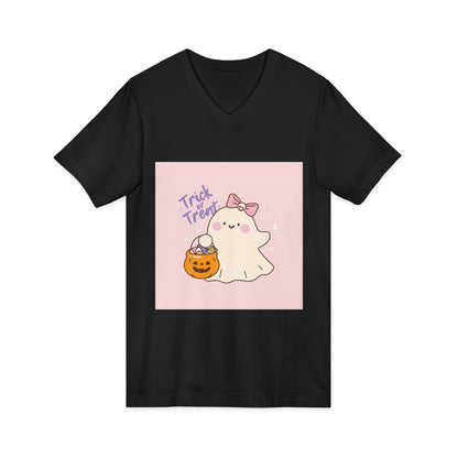 Cute Halloween Ghost V-Neck Tee, Trick or Treat Shirt, Unisex Halloween Apparel, Spooky Season Top, Fun Ghost T-Shirt
