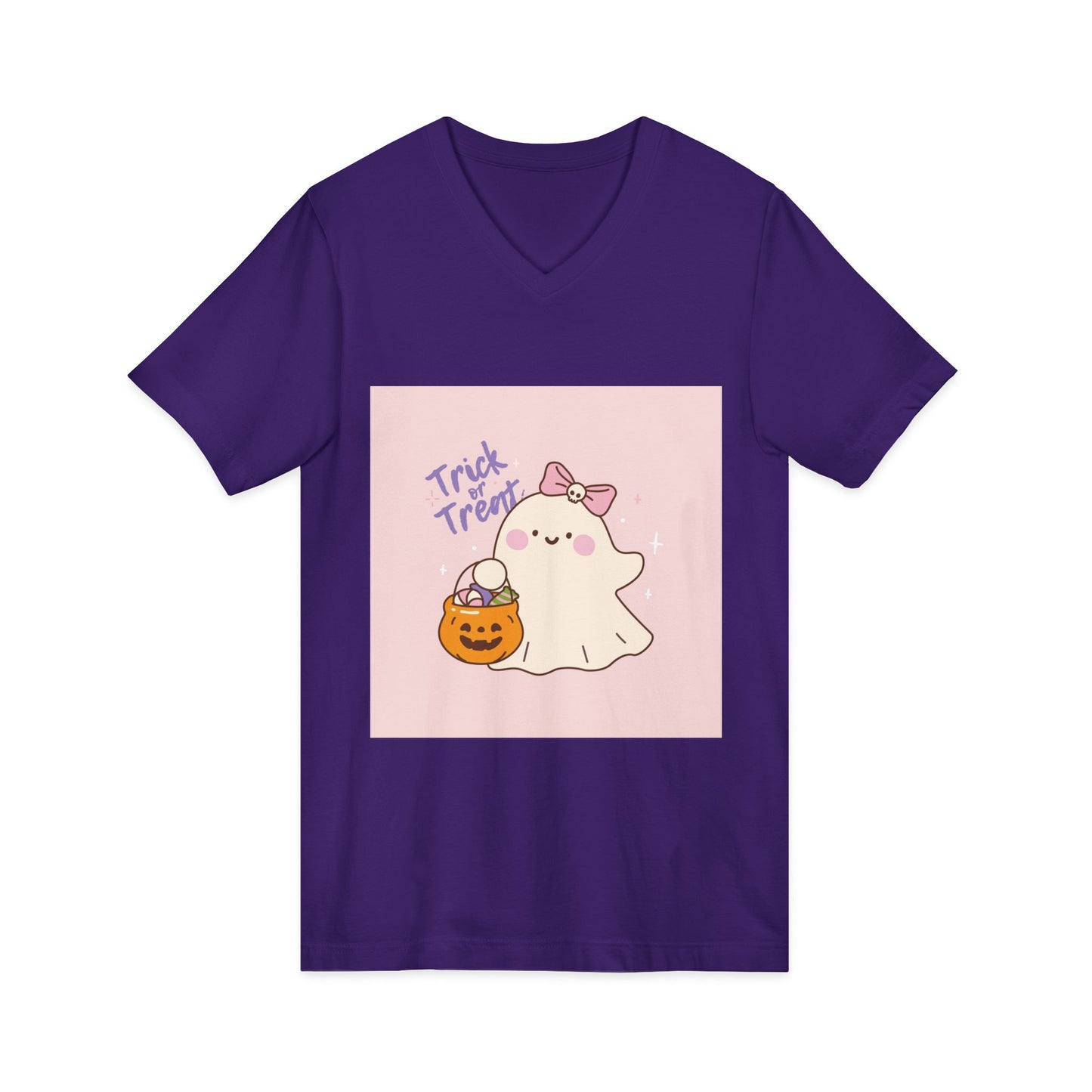 Cute Halloween Ghost V-Neck Tee, Trick or Treat Shirt, Unisex Halloween Apparel, Spooky Season Top, Fun Ghost T-Shirt