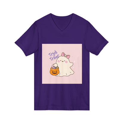 Cute Halloween Ghost V-Neck Tee, Trick or Treat Shirt, Unisex Halloween Apparel, Spooky Season Top, Fun Ghost T-Shirt