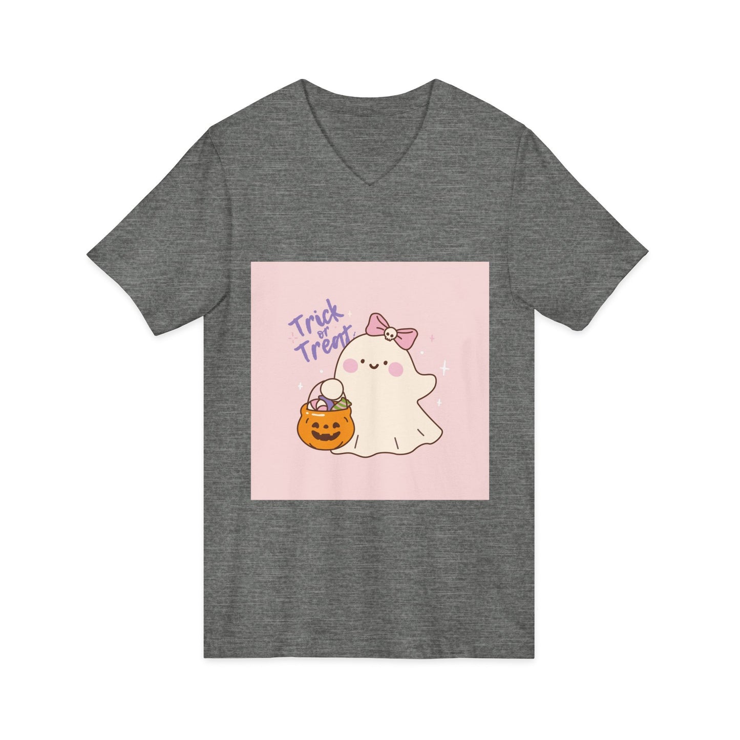 Cute Halloween Ghost V-Neck Tee, Trick or Treat Shirt, Unisex Halloween Apparel, Spooky Season Top, Fun Ghost T-Shirt