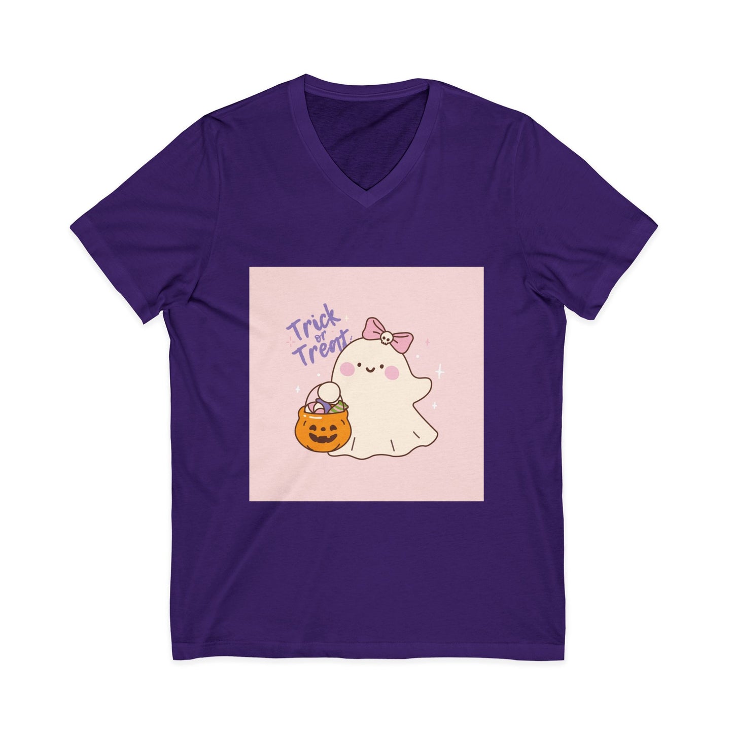 Cute Halloween Ghost V-Neck Tee, Trick or Treat Shirt, Unisex Halloween Apparel, Spooky Season Top, Fun Ghost T-Shirt