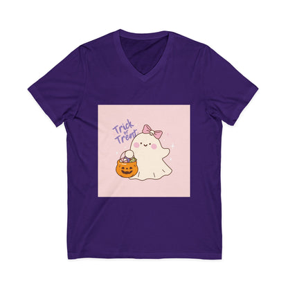 Cute Halloween Ghost V-Neck Tee, Trick or Treat Shirt, Unisex Halloween Apparel, Spooky Season Top, Fun Ghost T-Shirt