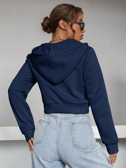 Navy Zipper Crop Plain Hoodie