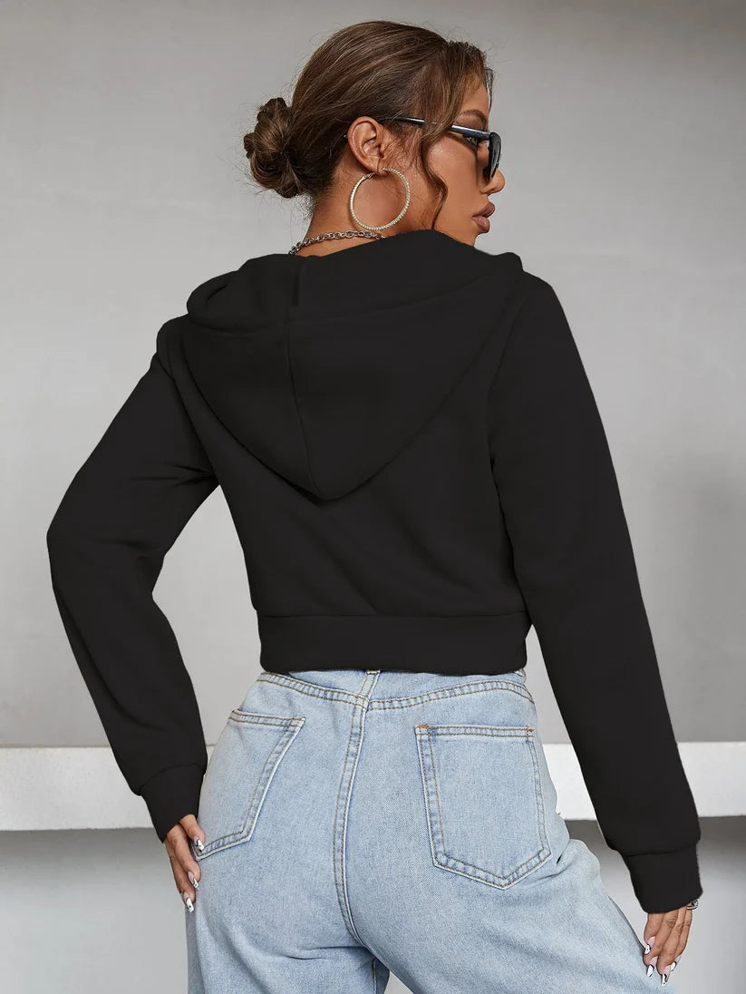 Black Zipper Crop Plain Hoodie