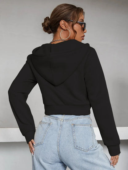 Black Zipper Crop Plain Hoodie