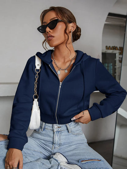 Navy Zipper Crop Plain Hoodie