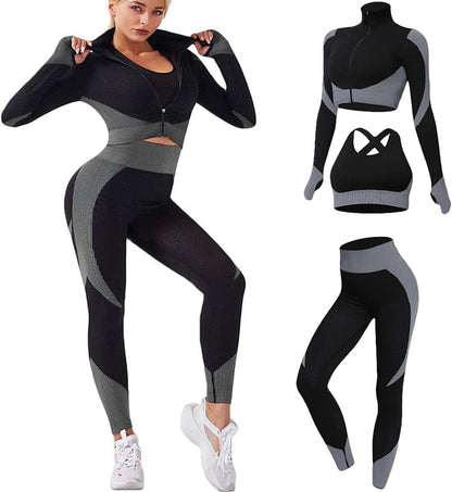 Women’s Seamless Gym Outfit Set – Sports Bra, Leggings & Jacket | Stylish Activewear