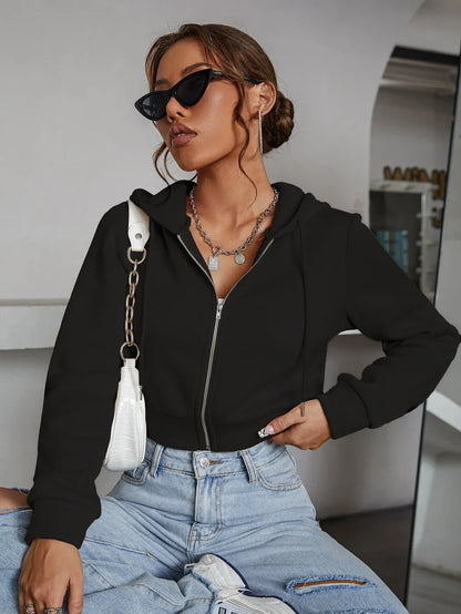 Black Zipper Crop Plain Hoodie