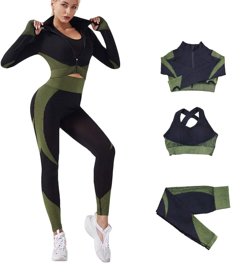Women’s Seamless Gym Outfit Set – Sports Bra, Leggings & Jacket | Stylish Activewear
