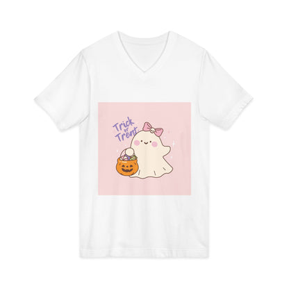 Cute Halloween Ghost V-Neck Tee, Trick or Treat Shirt, Unisex Halloween Apparel, Spooky Season Top, Fun Ghost T-Shirt