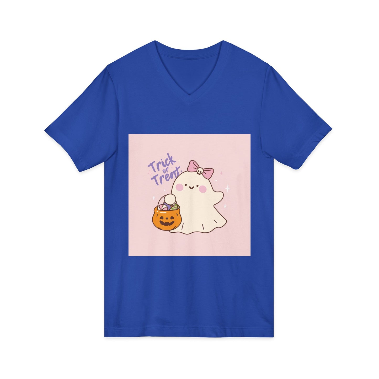 Cute Halloween Ghost V-Neck Tee, Trick or Treat Shirt, Unisex Halloween Apparel, Spooky Season Top, Fun Ghost T-Shirt