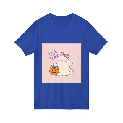 Cute Halloween Ghost V-Neck Tee, Trick or Treat Shirt, Unisex Halloween Apparel, Spooky Season Top, Fun Ghost T-Shirt