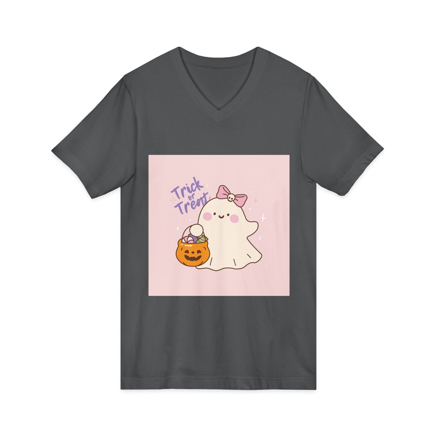 Cute Halloween Ghost V-Neck Tee, Trick or Treat Shirt, Unisex Halloween Apparel, Spooky Season Top, Fun Ghost T-Shirt