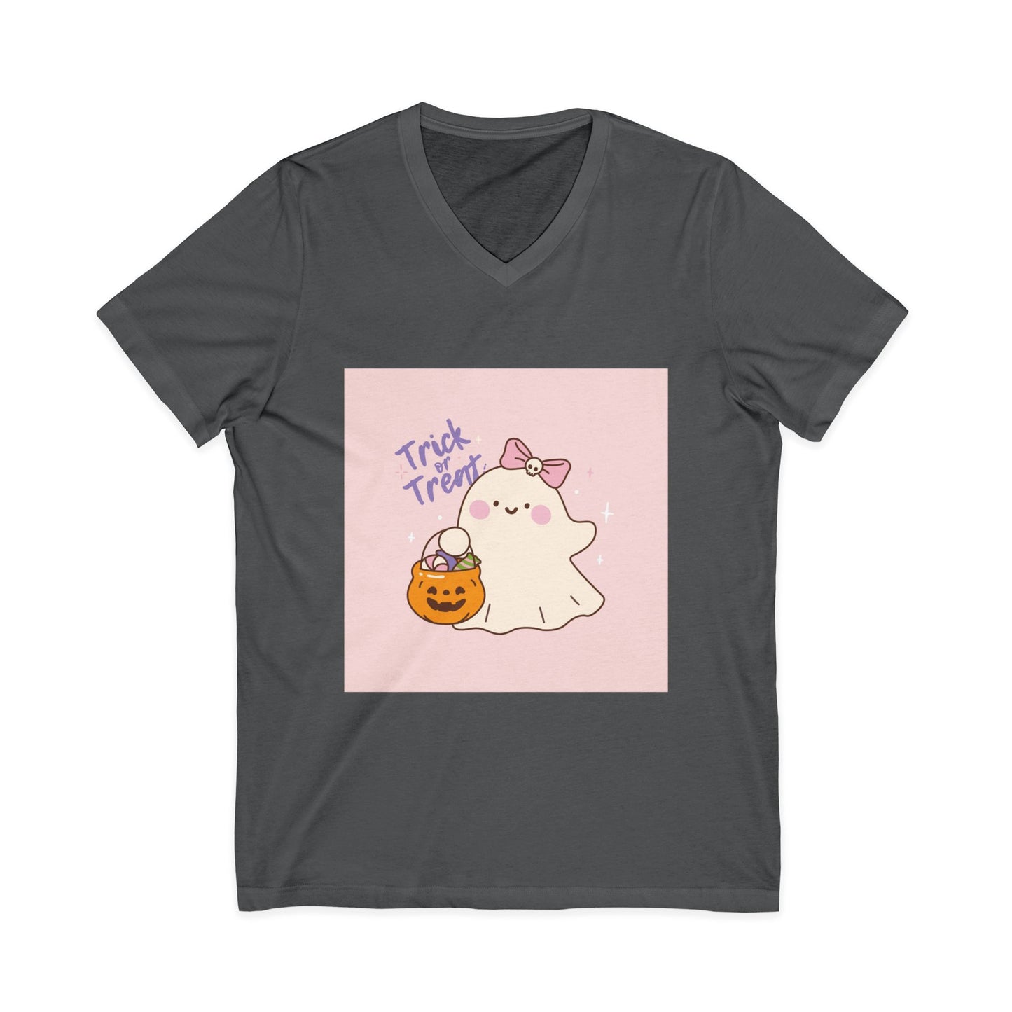 Cute Halloween Ghost V-Neck Tee, Trick or Treat Shirt, Unisex Halloween Apparel, Spooky Season Top, Fun Ghost T-Shirt
