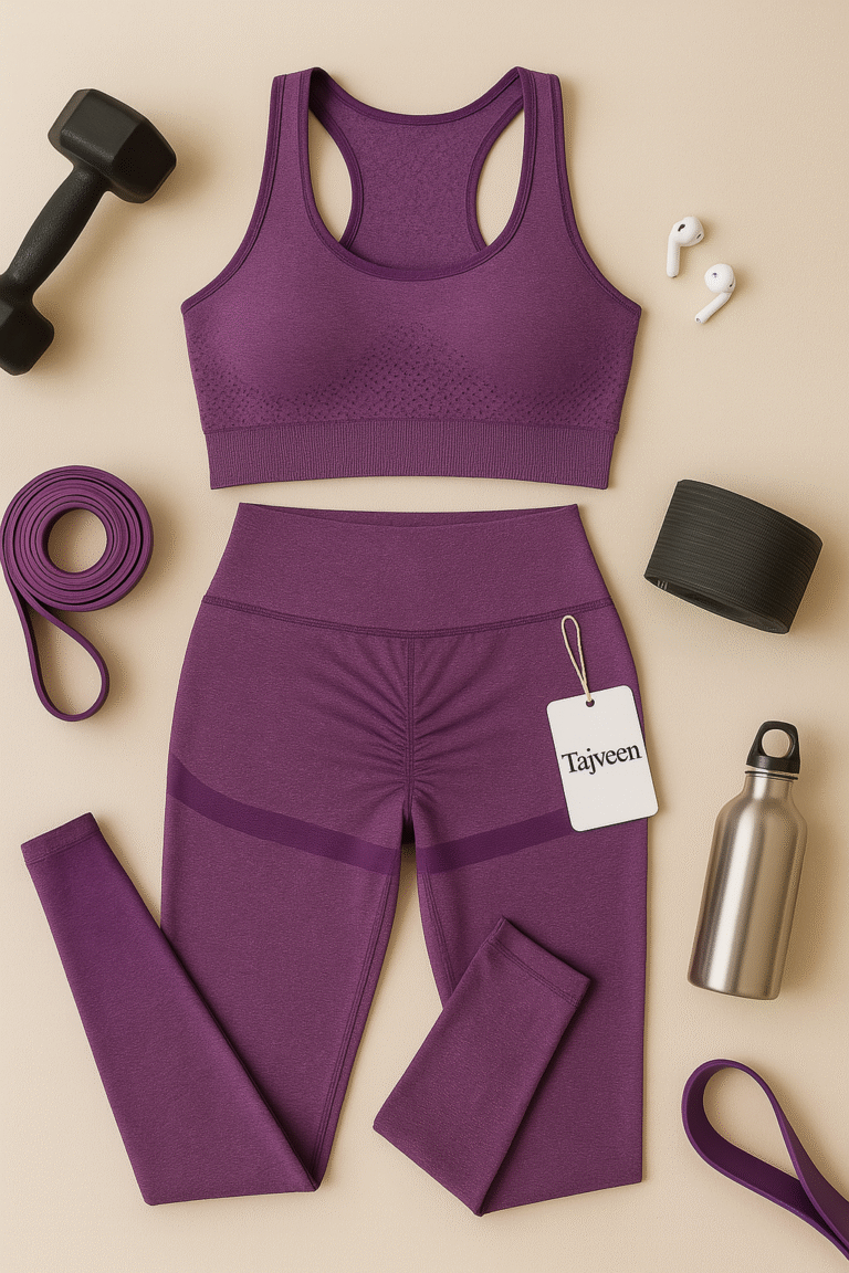Purple athletic outfit with sports bra and leggings, accompanied by fitness accessories on a beige background.