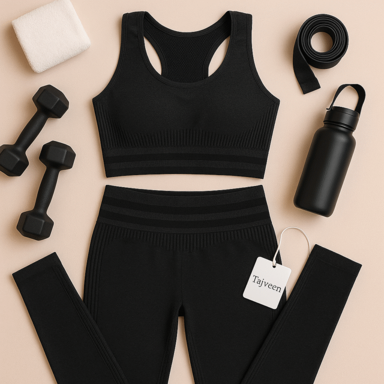 Black athletic outfit with leggings, sports bra, dumbbells, water bottle, and measuring tape on a beige background.