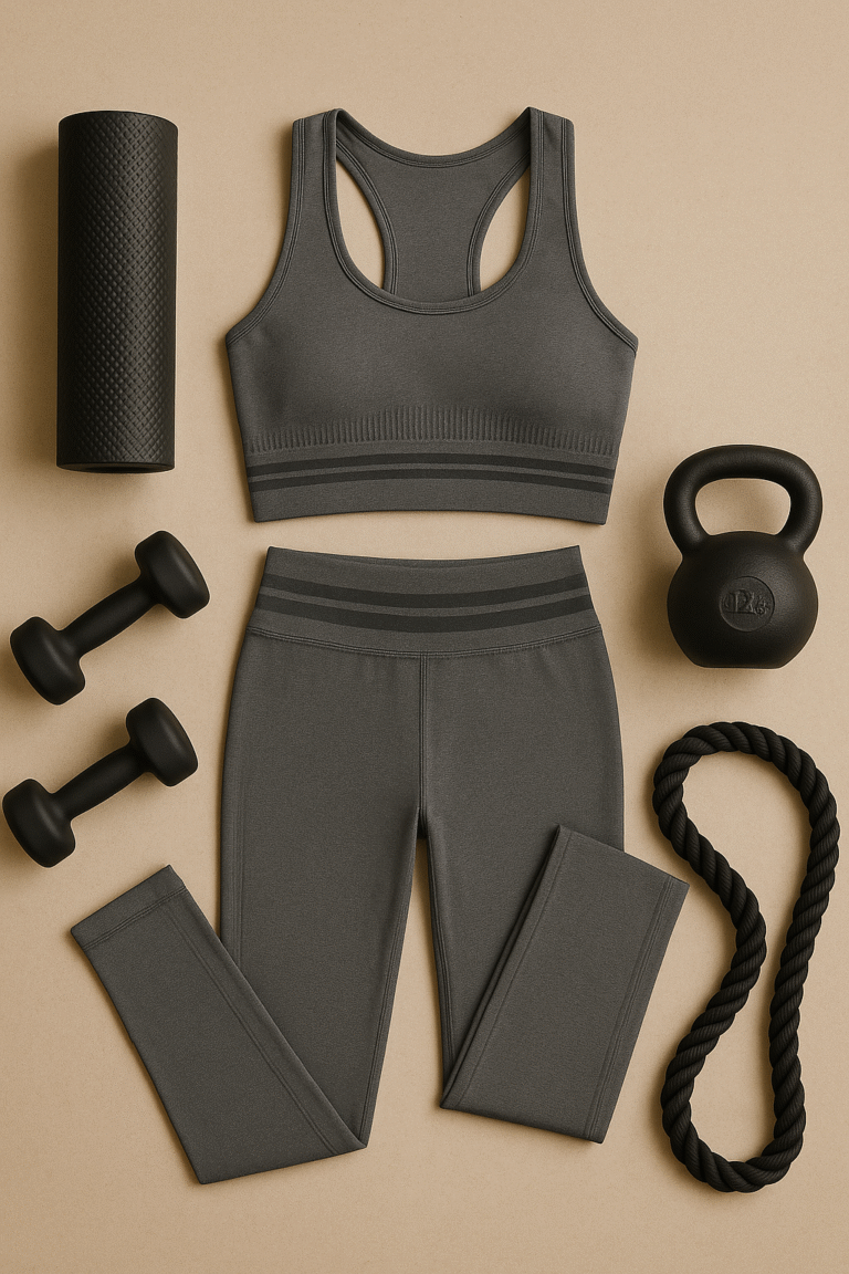 Gray athletic top and leggings with black workout accessories on a beige background