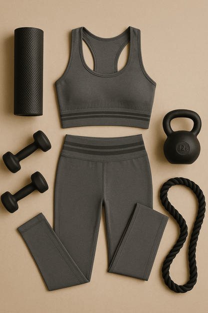 Gray athletic top and leggings with black workout accessories on a beige background