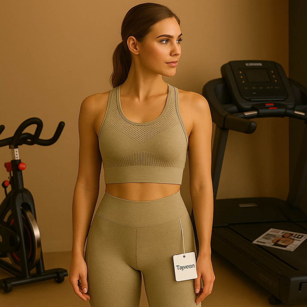 Woman in green athletic wear standing in a gym setting