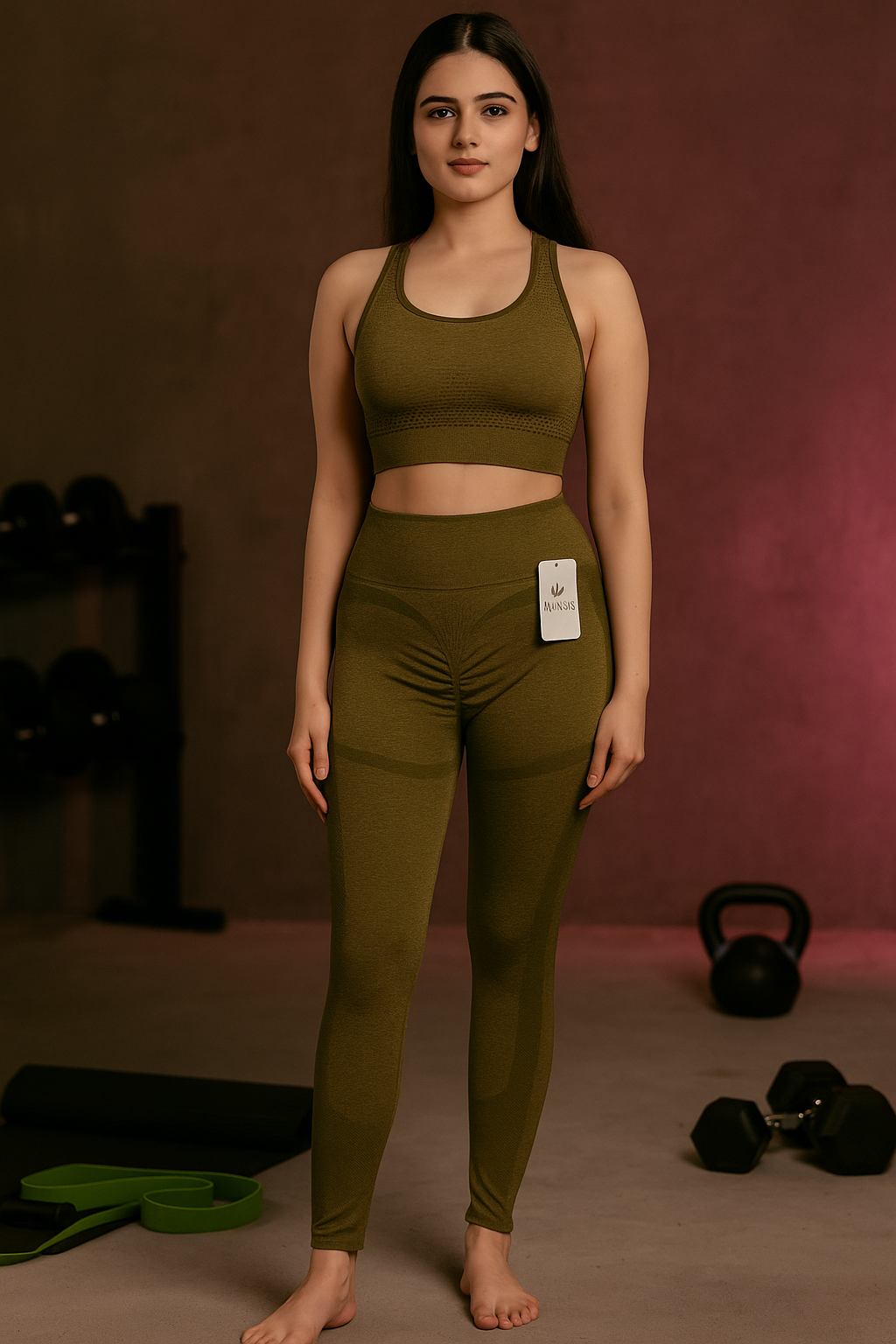 Woman wearing a green athletic outfit standing in a gym setting.