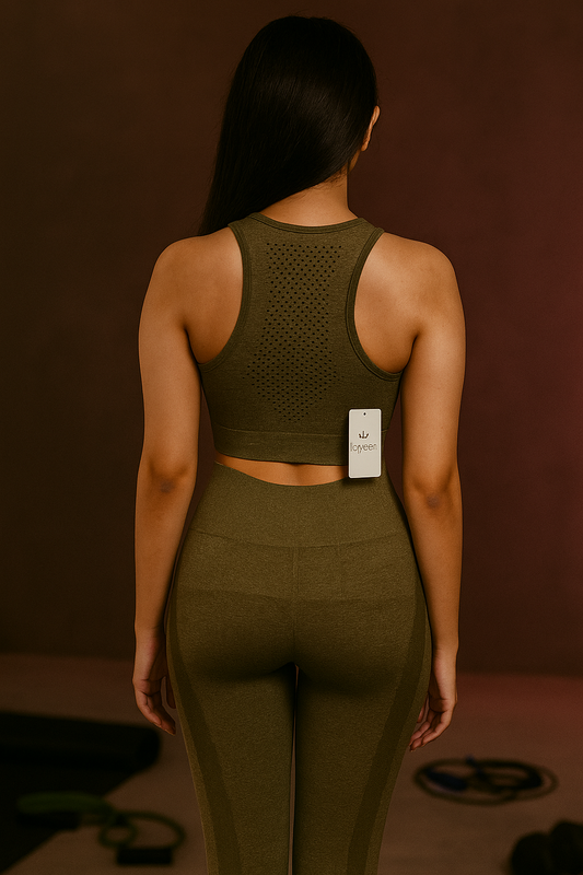 Person wearing an olive green athletic outfit with a visible brand tag on a brown background