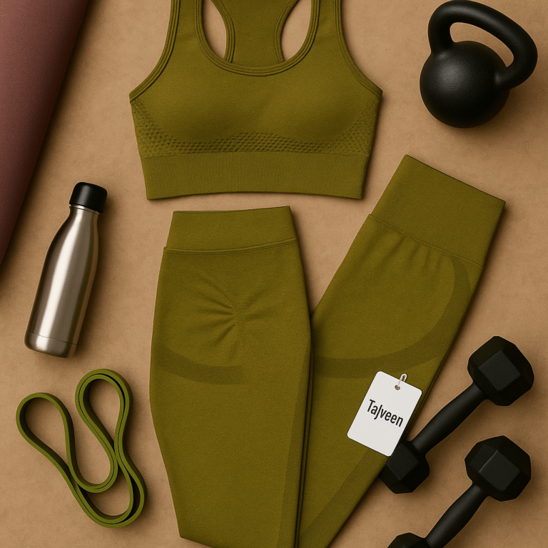 Green sports bra and leggings with accessories on a beige background