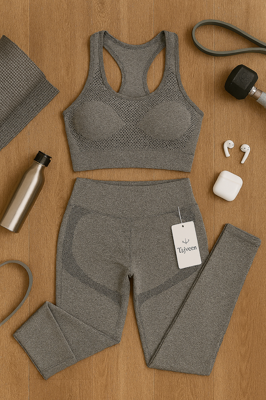 Gray sports bra and leggings set with accessories on a wooden surface