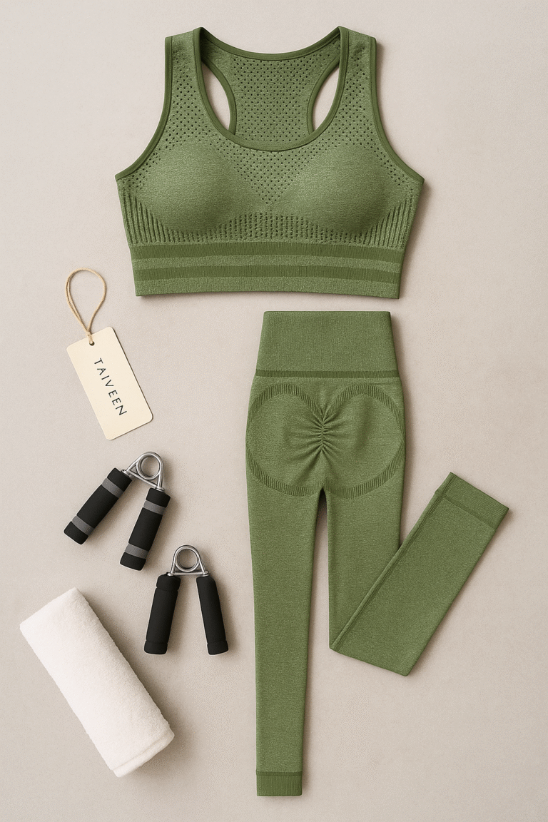 Green athletic outfit with leggings and sports bra on a beige background, accompanied by resistance bands and a white bottle.