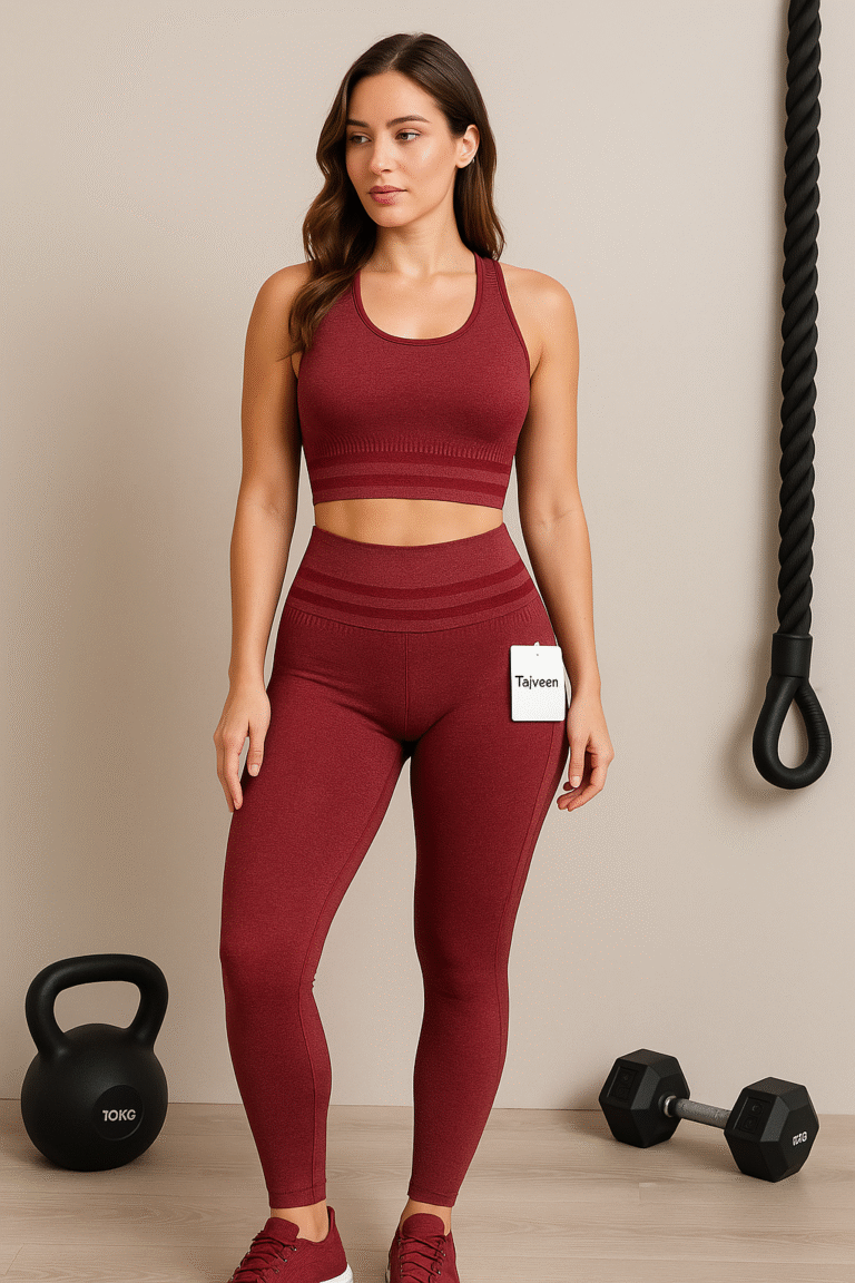 Woman wearing a maroon athletic outfit with visible brand label, standing next to fitness equipment.