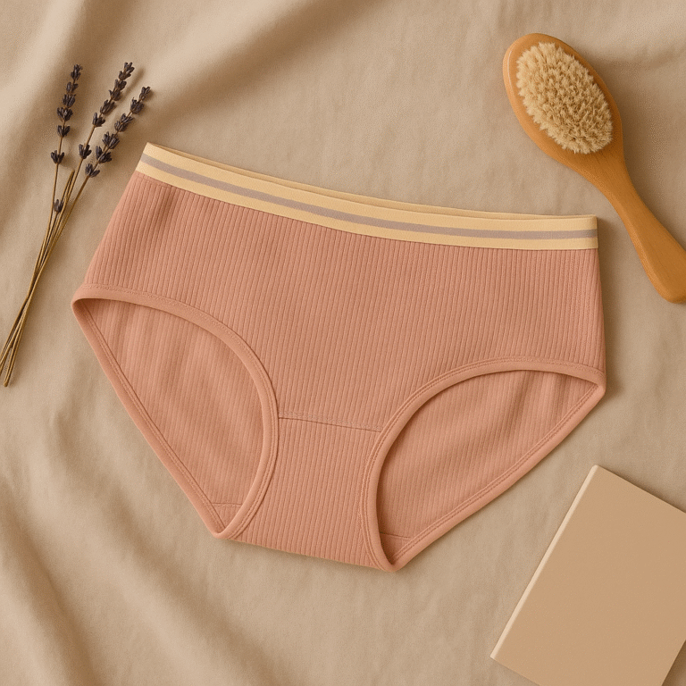 Pink ribbed underwear with a beige band on a beige fabric background with a wooden brush and lavender.