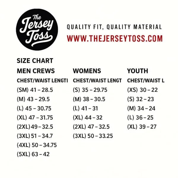 Size chart for men's, women's, and youth's clothing with The Jersey Toss logo and website.