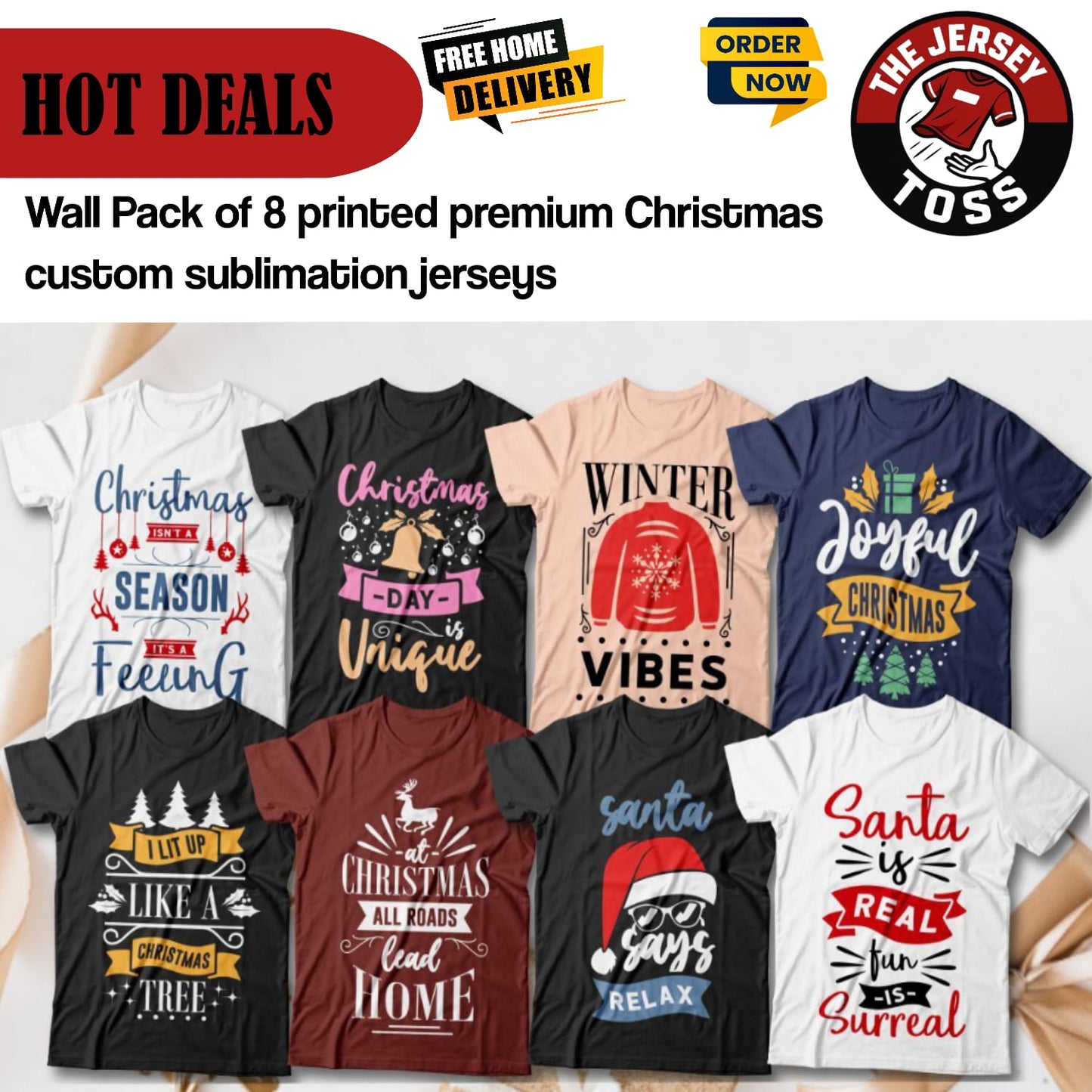 Wall Pack of 8 printed premium christmas custom sublimation jerseys
