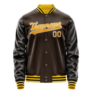 Custom Light Brown & Black Varsity Team Jackets – Made by Expert Letterman Jacket Makers | Blue & White Logo Embroidery