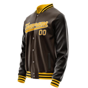 Custom Light Brown & Black Varsity Team Jackets – Made by Expert Letterman Jacket Makers | Blue & White Logo Embroidery