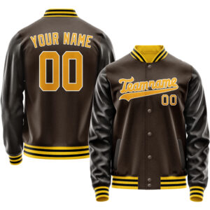 Custom Light Brown & Black Varsity Team Jackets – Made by Expert Letterman Jacket Makers | Blue & White Logo Embroidery