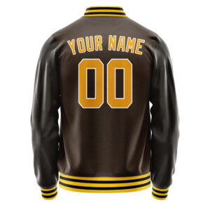 Custom Light Brown & Black Varsity Team Jackets – Made by Expert Letterman Jacket Makers | Blue & White Logo Embroidery