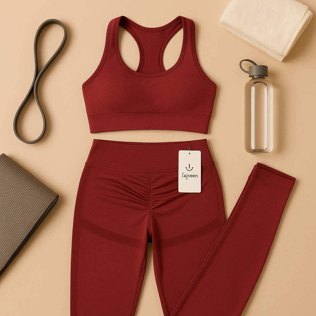Red sports bra and leggings set with a tag, yoga mat, strap, and water bottle on a beige background.