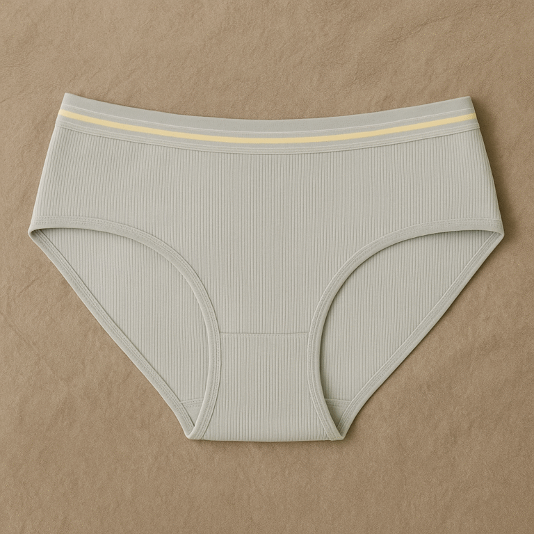 Light green ribbed underwear with a yellow waistband on a brown background