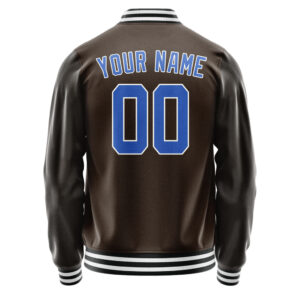 Custom Light Brown & Black Varsity Team Jackets – Made by Expert Letterman Jacket Makers | Blue & White Logo Embroidery