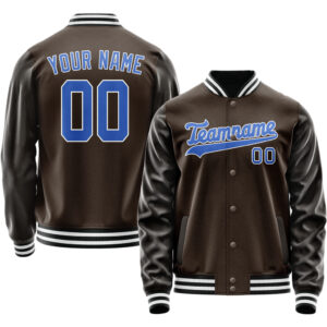 Custom Light Brown & Black Varsity Team Jackets – Made by Expert Letterman Jacket Makers | Blue & White Logo Embroidery